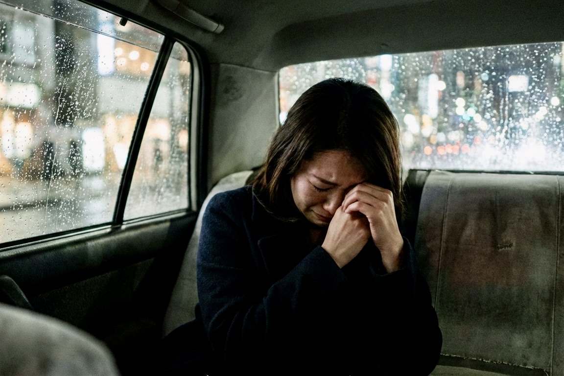 後部座席で泣いている女性